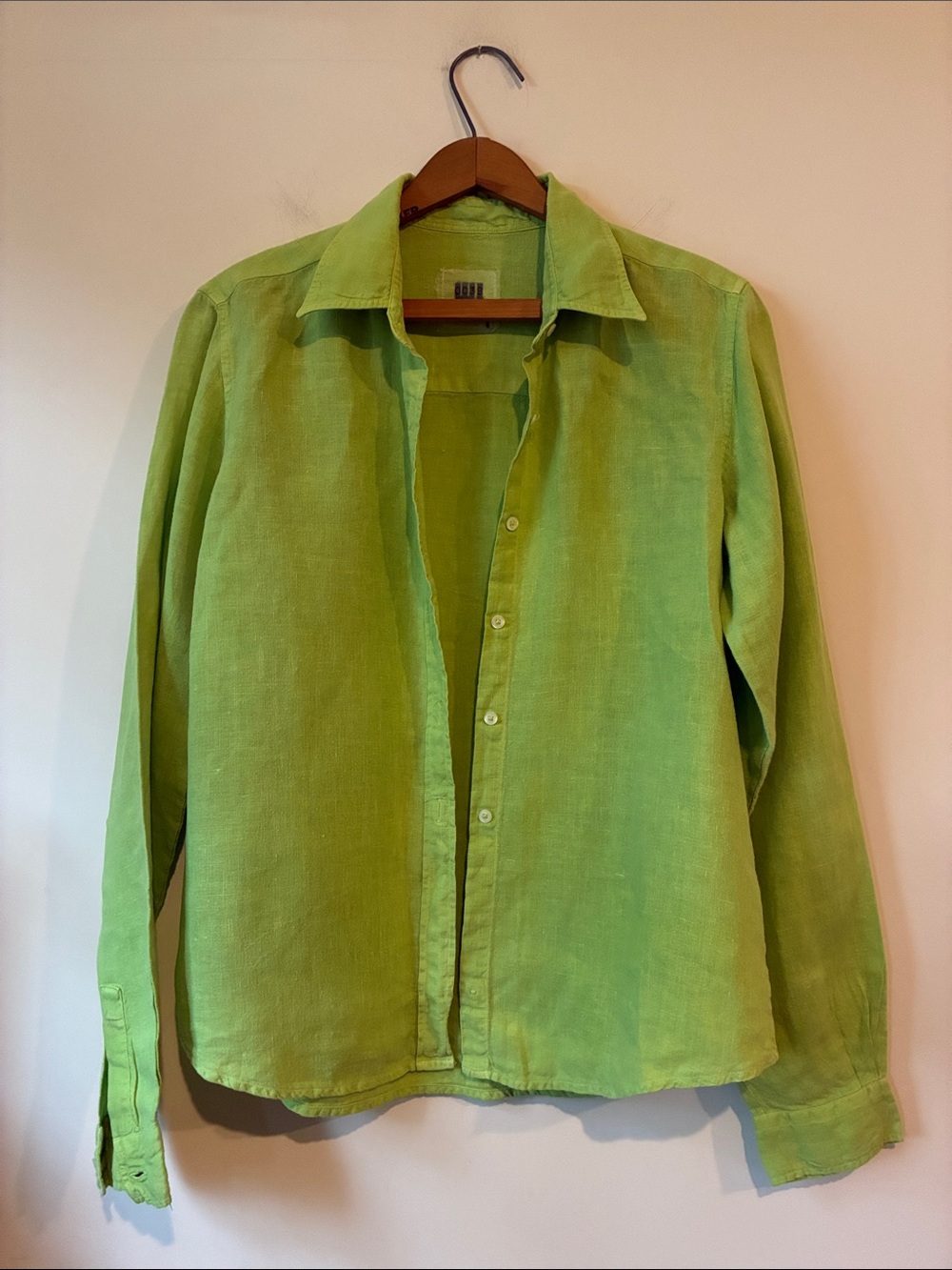 0039 Italy Button Up Shirt Sz S Green Linen Weave Long Sleeve Collared Blouse
